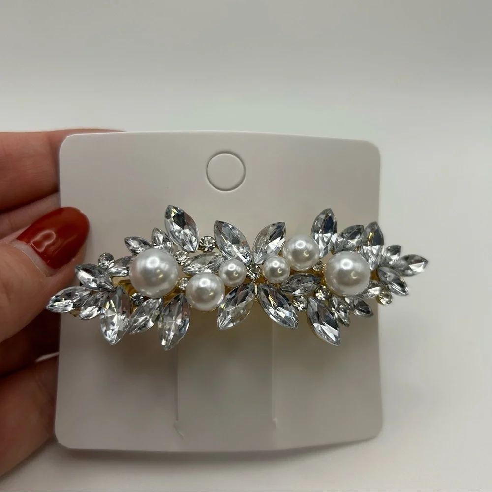 Faux Pearl Golden Hair Barrette Statement Silver Tone Leaves Natural Textured